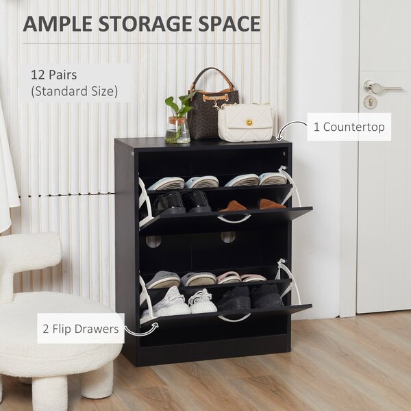 HOMCOM Modern Shoe Cabinet, 2-Tier Wood Storage Cupboard with Tipping Bucket, Hallway Organiser with Drawer, Adjustable Shelf, Black Aosom UK
