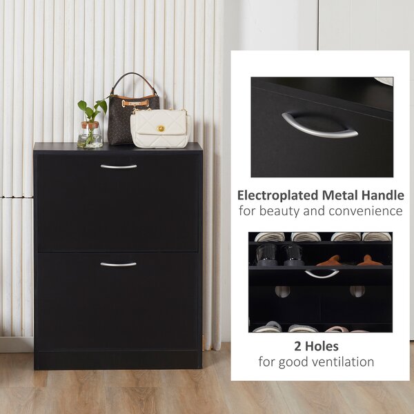 HOMCOM Modern Shoe Cabinet, 2-Tier Wood Storage Cupboard with Tipping Bucket, Hallway Organiser with Drawer, Adjustable Shelf, Black Aosom UK