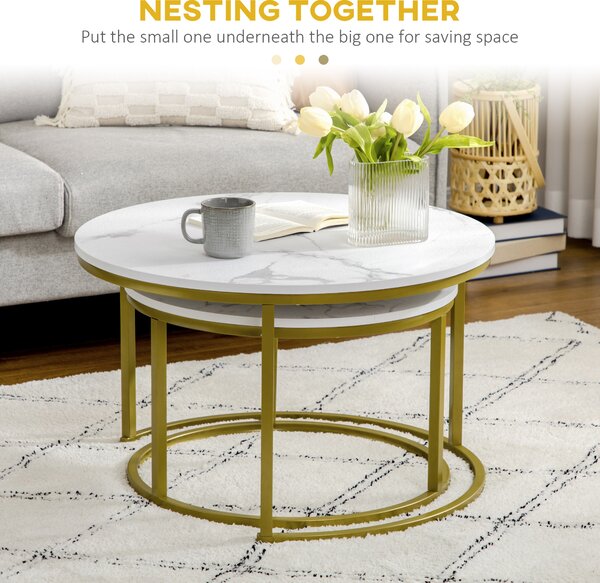 HOMCOM Coffee Table Set of 2, Round Nest of Tables with Faux Marble Tabletop and Metal Frame, Modern Side Tables for Living Room, White