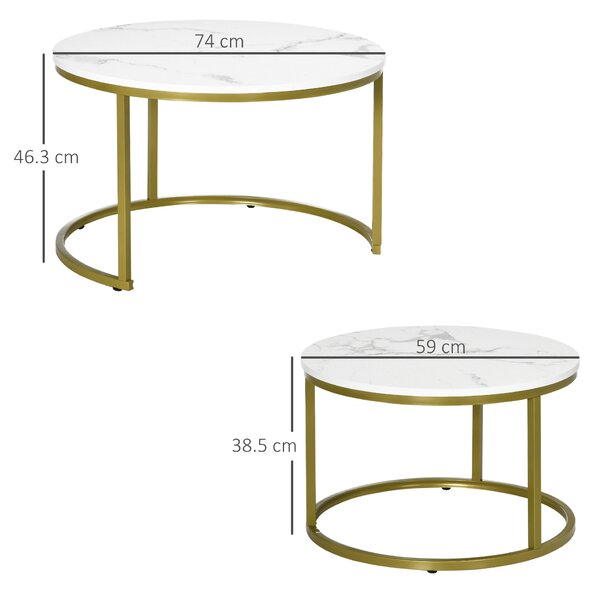 HOMCOM Coffee Table Set of 2, Round Nest of Tables with Faux Marble Tabletop and Metal Frame, Modern Side Tables for Living Room, White