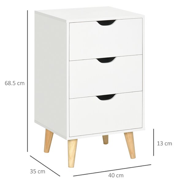 HOMCOM Bedroom Chest of Drawers, 3-Drawer Storage Unit with Wood Legs and Cut-out Handles, White