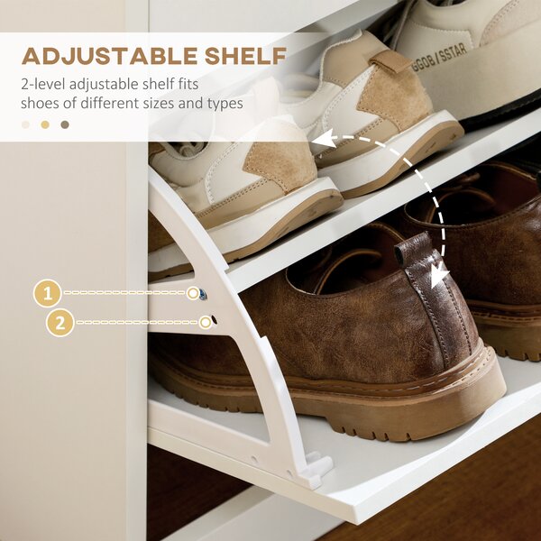 HOMCOM Shoe Cabinet Narrow Storage with 2 Flip Drawers, Adjustable Shelves, for 12 Pairs, Space Saving, White Aosom UK