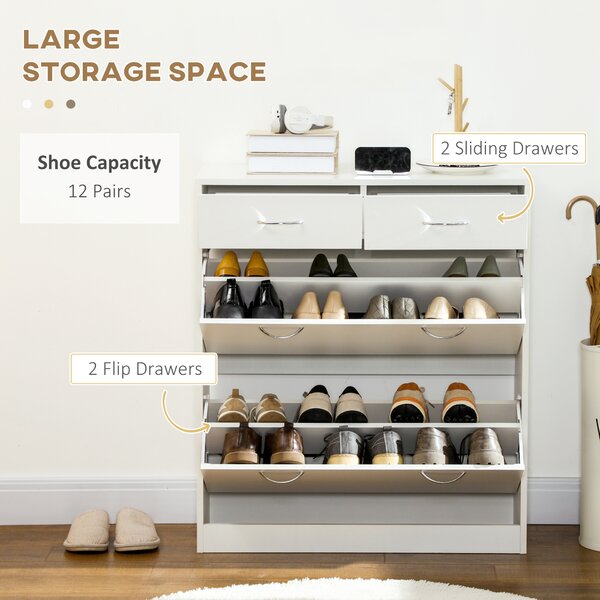 HOMCOM Shoe Cabinet Narrow Storage with 2 Flip Drawers, Adjustable Shelves, for 12 Pairs, Space Saving, White Aosom UK