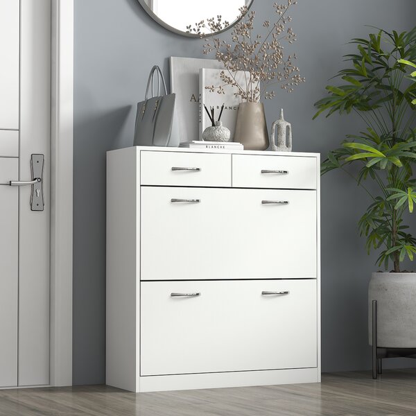 HOMCOM Shoe Cabinet Narrow Storage with 2 Flip Drawers, Adjustable Shelves, for 12 Pairs, Space Saving, White Aosom UK
