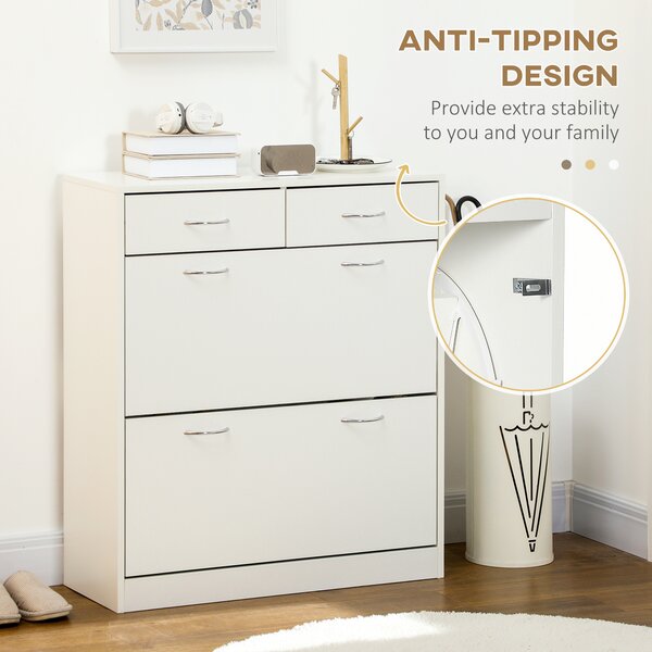 HOMCOM Shoe Cabinet Narrow Storage with 2 Flip Drawers, Adjustable Shelves, for 12 Pairs, Space Saving, White Aosom UK