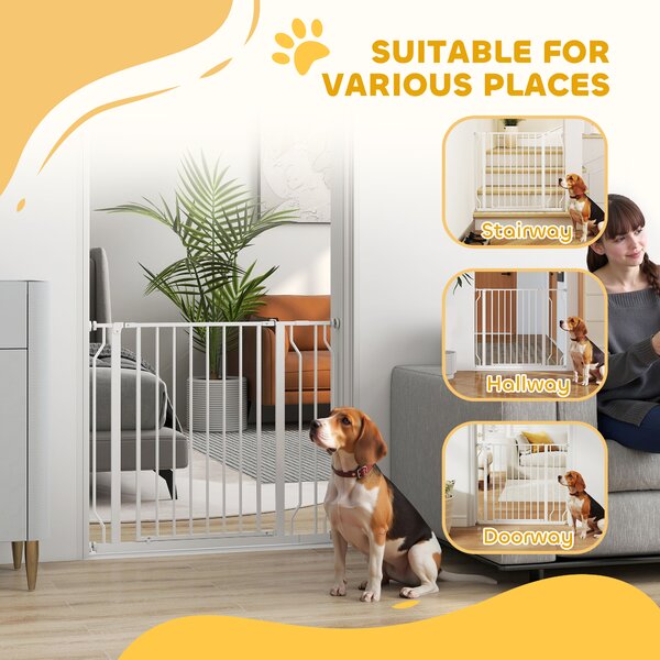 PawHut Wide Dog Safety Gate, with Door Pressure, for Doorways, Hallways, Staircases - White Aosom UK