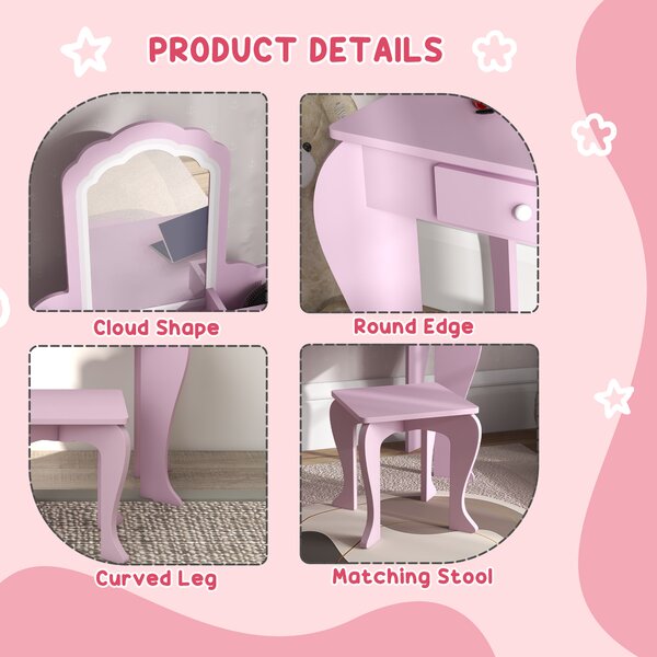 ZONEKIZ Child's Vanity Set with Cloud-Shaped Mirror, Stool, Drawer, and Storage Compartments, Pink Aosom UK