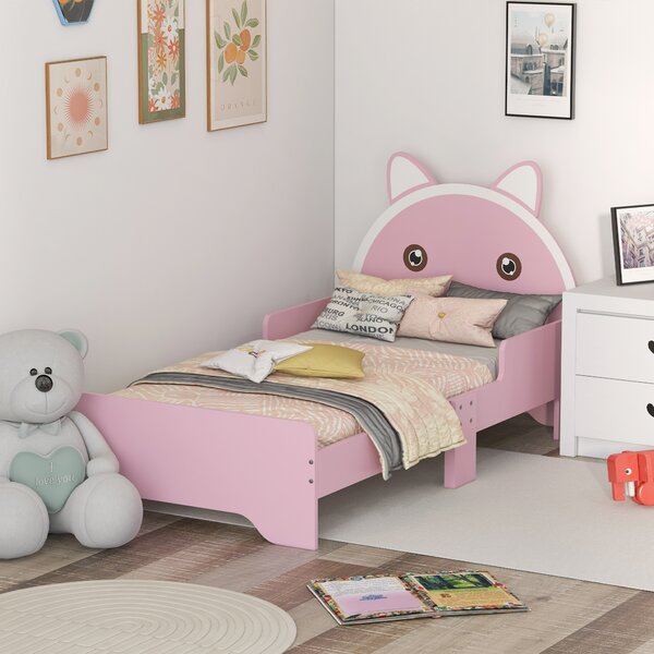 ZONEKIZ Bed for Kids Cat Design Toddler Bed Frame Bedroom Furniture with Guardrails, for 3-6 Years, 143L x 74W x 72Hcm - Pink Aosom UK