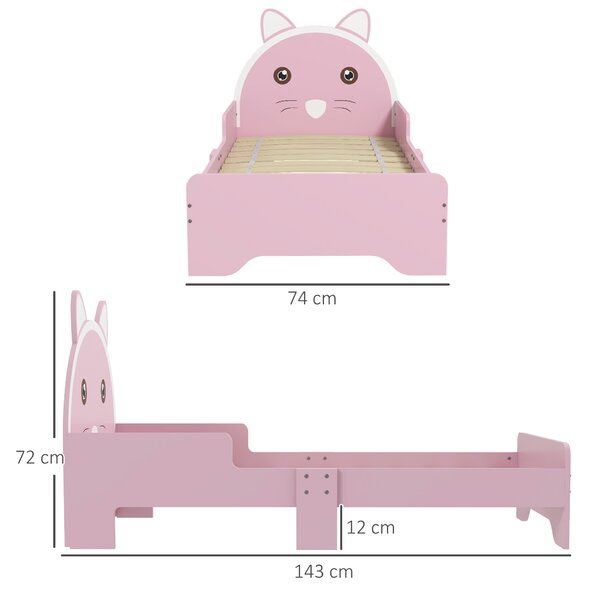 ZONEKIZ Bed for Kids Cat Design Toddler Bed Frame Bedroom Furniture with Guardrails, for 3-6 Years, 143L x 74W x 72Hcm - Pink Aosom UK