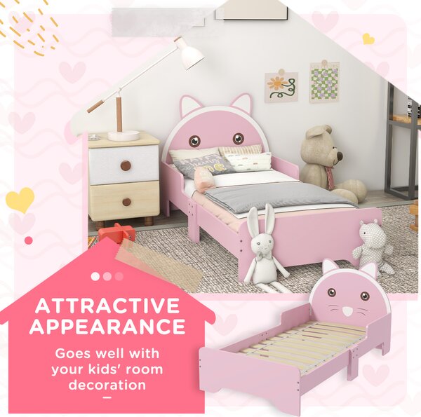ZONEKIZ Bed for Kids Cat Design Toddler Bed Frame Bedroom Furniture with Guardrails, for 3-6 Years, 143L x 74W x 72Hcm - Pink Aosom UK