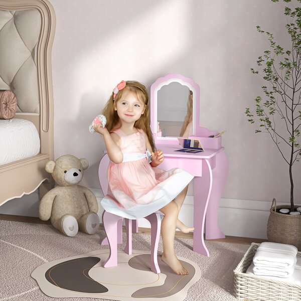 ZONEKIZ Child's Vanity Set with Cloud-Shaped Mirror, Stool, Drawer, and Storage Compartments, Pink Aosom UK