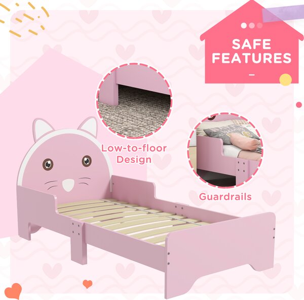 ZONEKIZ Bed for Kids Cat Design Toddler Bed Frame Bedroom Furniture with Guardrails, for 3-6 Years, 143L x 74W x 72Hcm - Pink Aosom UK