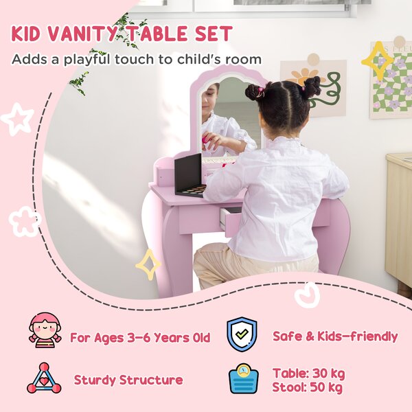 ZONEKIZ Child's Vanity Set with Cloud-Shaped Mirror, Stool, Drawer, and Storage Compartments, Pink Aosom UK