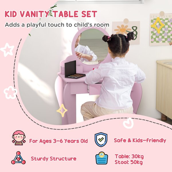 ZONEKIZ Children's Vanity Set with Mirror, Stool, Cat Theme, Drawer, Organiser Boxes for Ages 3-6, Pink Aosom UK