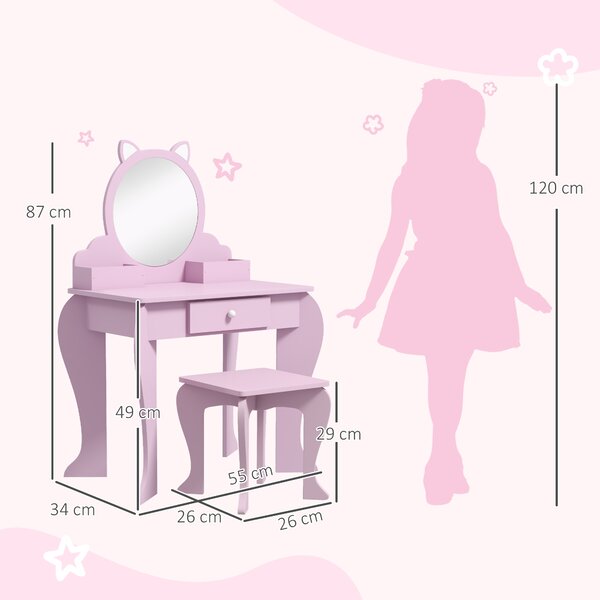 ZONEKIZ Children's Vanity Set with Mirror, Stool, Cat Theme, Drawer, Organiser Boxes for Ages 3-6, Pink Aosom UK
