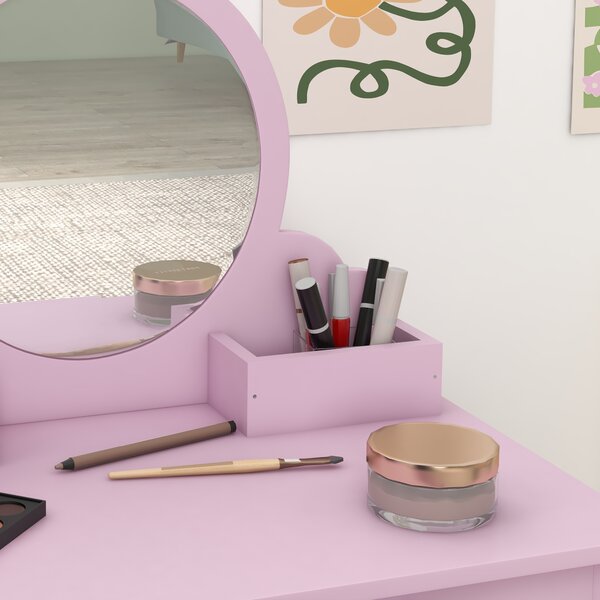 ZONEKIZ Children's Vanity Set with Mirror, Stool, Cat Theme, Drawer, Organiser Boxes for Ages 3-6, Pink Aosom UK