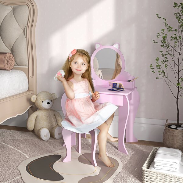 ZONEKIZ Children's Vanity Set with Mirror, Stool, Cat Theme, Drawer, Organiser Boxes for Ages 3-6, Pink Aosom UK