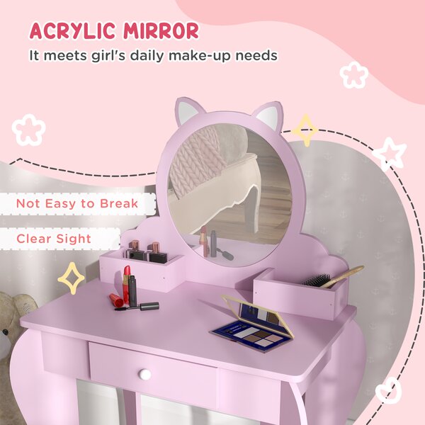 ZONEKIZ Children's Vanity Set with Mirror, Stool, Cat Theme, Drawer, Organiser Boxes for Ages 3-6, Pink Aosom UK