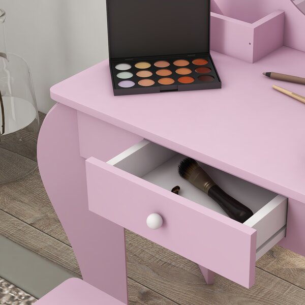 ZONEKIZ Children's Vanity Set with Mirror, Stool, Cat Theme, Drawer, Organiser Boxes for Ages 3-6, Pink Aosom UK