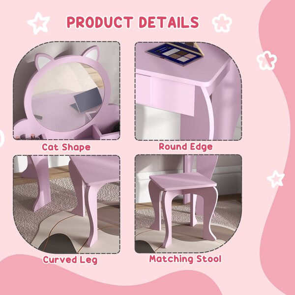 ZONEKIZ Children's Vanity Set with Mirror, Stool, Cat Theme, Drawer, Organiser Boxes for Ages 3-6, Pink Aosom UK