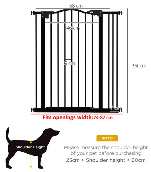 PawHut Safety Pet Gate, Metal Dog Fence, Adjustable 74-87cm, Foldable Design, Sleek Black Aosom UK