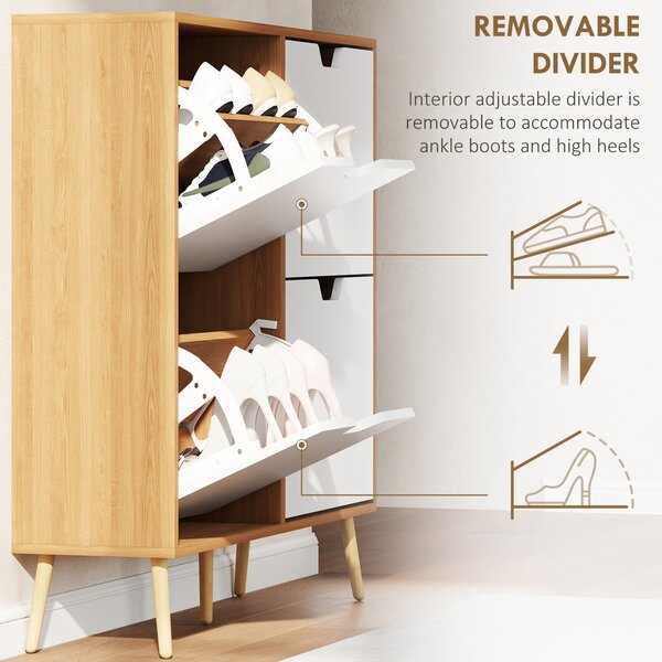 HOMCOM Shoe Cabinet with 4 Flip Drawers, Footwear Organiser for 16 Pairs, Space-Saving Design, Natural Aosom UK