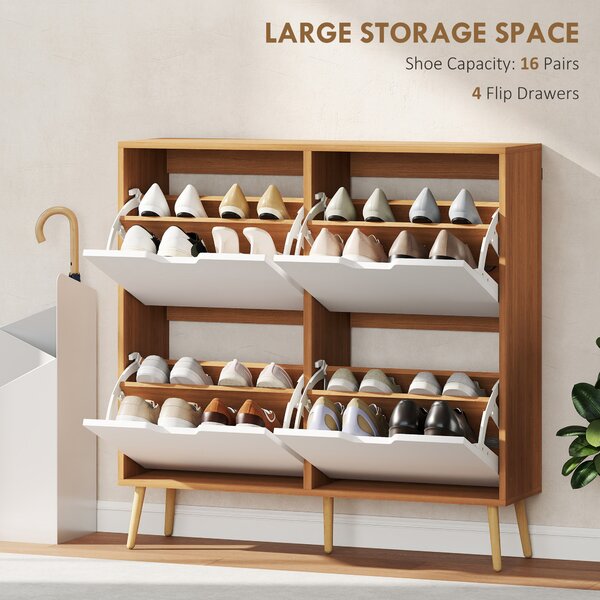 HOMCOM Shoe Cabinet with 4 Flip Drawers, Footwear Organiser for 16 Pairs, Space-Saving Design, Natural Aosom UK