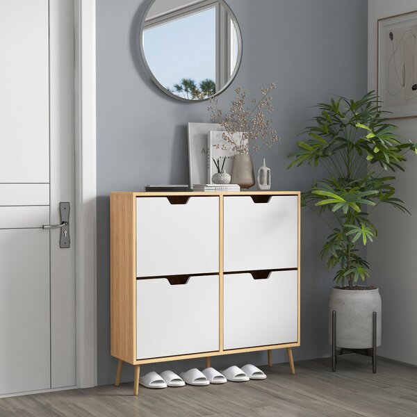HOMCOM Shoe Cabinet with 4 Flip Drawers, Footwear Organiser for 16 Pairs, Space-Saving Design, Natural Aosom UK