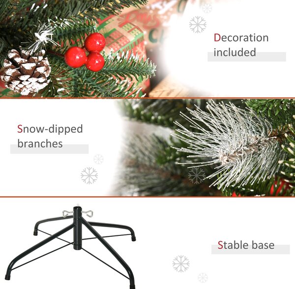 HOMCOM 4FT Artificial Snow Dipped Christmas Tree Xmas Pencil Tree Home Party Decoration w/ Foldable Feet Berries & Pinecones, Green Aosom UK