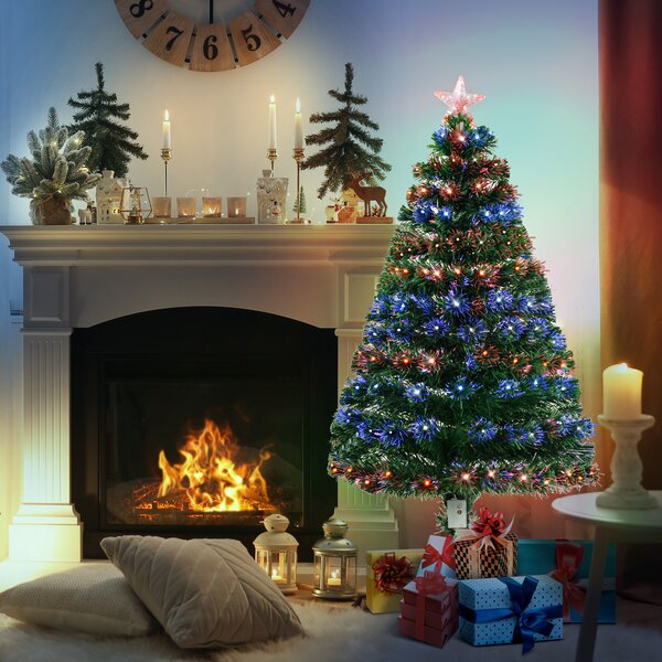 HOMCOM 4ft Pre Lit Christmas Tree Artificial Tree with Multi-Coloured Fiber Optic LED Light(4ft (120cm)) Aosom UK