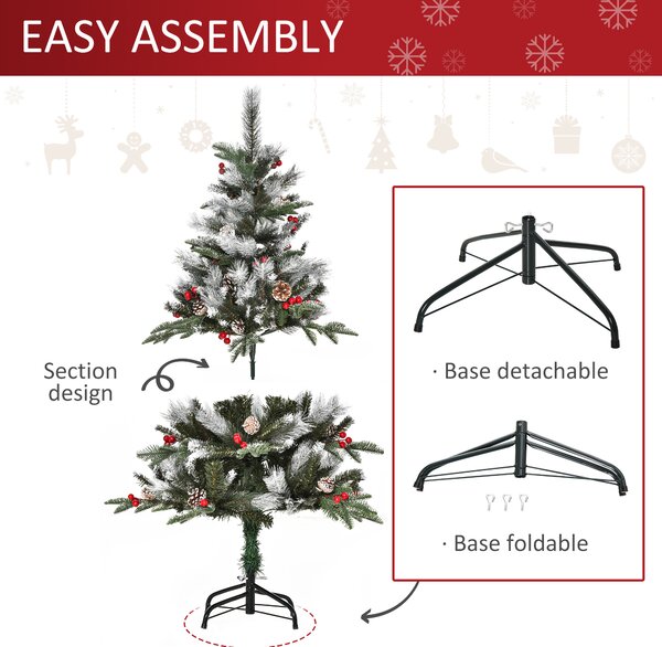 HOMCOM 4FT Artificial Snow Dipped Christmas Tree Xmas Pencil Tree Home Party Decoration w/ Foldable Feet Berries & Pinecones, Green Aosom UK