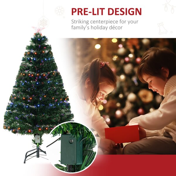 HOMCOM 4ft Pre Lit Christmas Tree Artificial Tree with Multi-Coloured Fiber Optic LED Light(4ft (120cm)) Aosom UK
