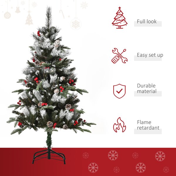 HOMCOM 4FT Artificial Snow Dipped Christmas Tree Xmas Pencil Tree Home Party Decoration w/ Foldable Feet Berries & Pinecones, Green Aosom UK