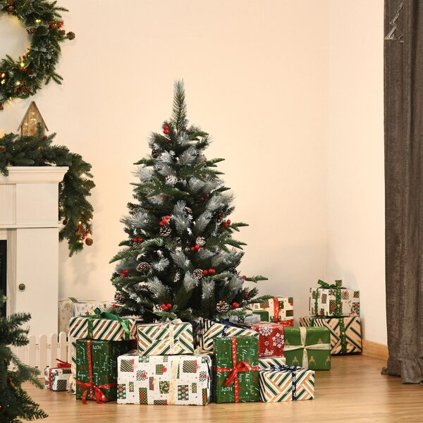 HOMCOM 4FT Artificial Snow Dipped Christmas Tree Xmas Pencil Tree Home Party Decoration w/ Foldable Feet Berries & Pinecones, Green Aosom UK