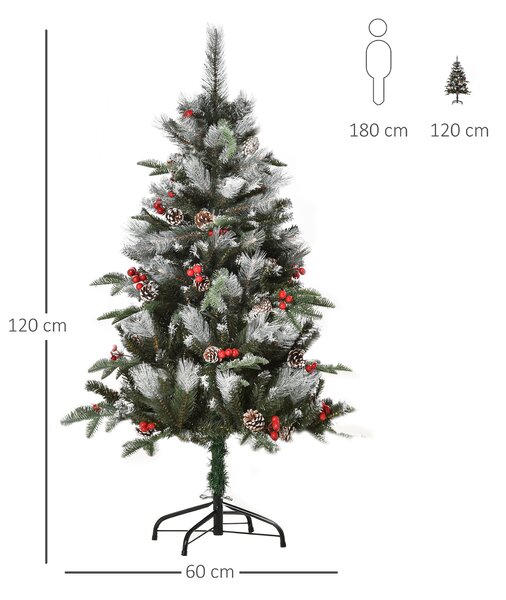 HOMCOM 4FT Artificial Snow Dipped Christmas Tree Xmas Pencil Tree Home Party Decoration w/ Foldable Feet Berries & Pinecones, Green Aosom UK