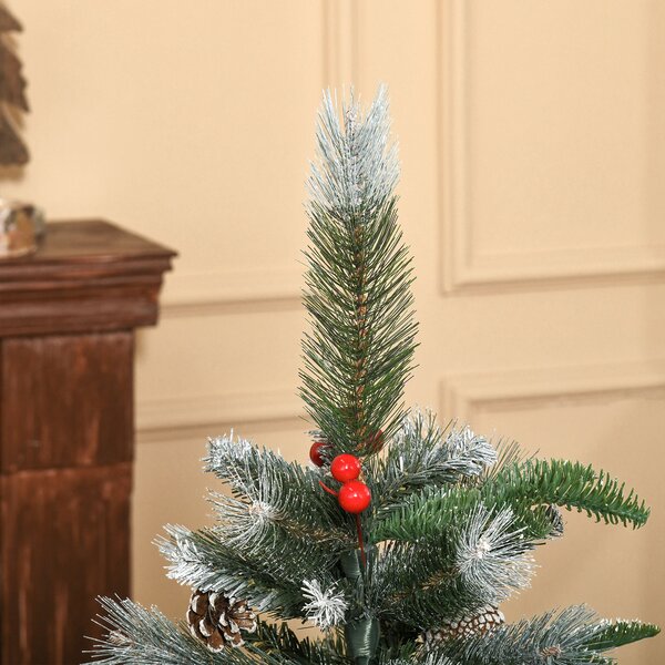 HOMCOM 4FT Artificial Snow Dipped Christmas Tree Xmas Pencil Tree Home Party Decoration w/ Foldable Feet Berries & Pinecones, Green Aosom UK