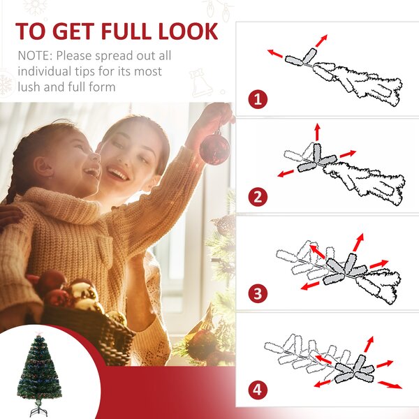 HOMCOM 4ft Pre Lit Christmas Tree Artificial Tree with Multi-Coloured Fiber Optic LED Light(4ft (120cm)) Aosom UK