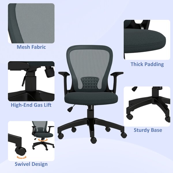 Vinsetto Ergonomic Office Chair: Mesh Design with Flip-up Armrests, Lumbar Support & Swivel Wheels, Grey Aosom UK