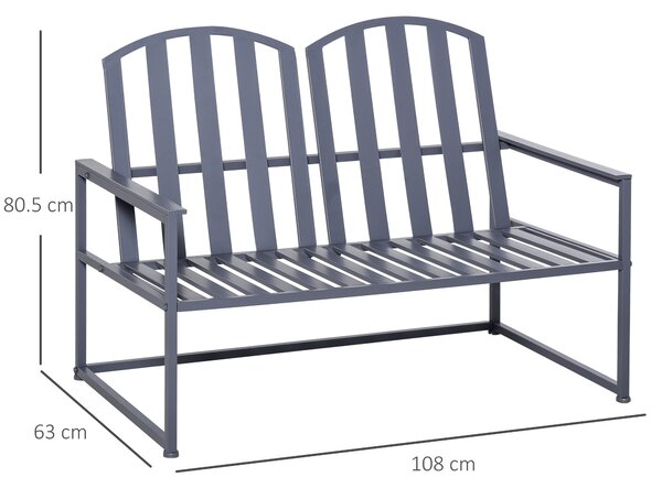 Outsunny Garden Bench Loveseat 2 Seat Chair for Outdoor Park, Yard, Steel Frame, Decorative Slatted Design, Grey