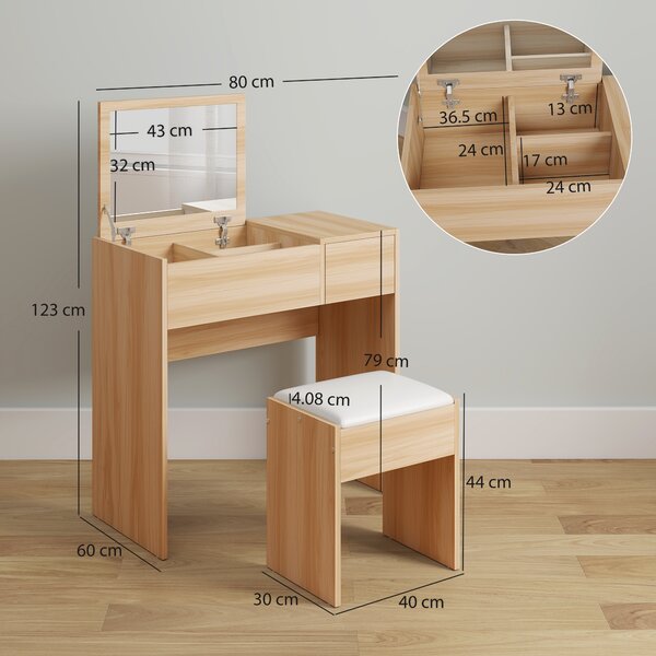 HOMCOM Dressing Table Set with Cushioned Stool, Flip-up Mirror, and Drawer in Wood Grain Finish Aosom UK