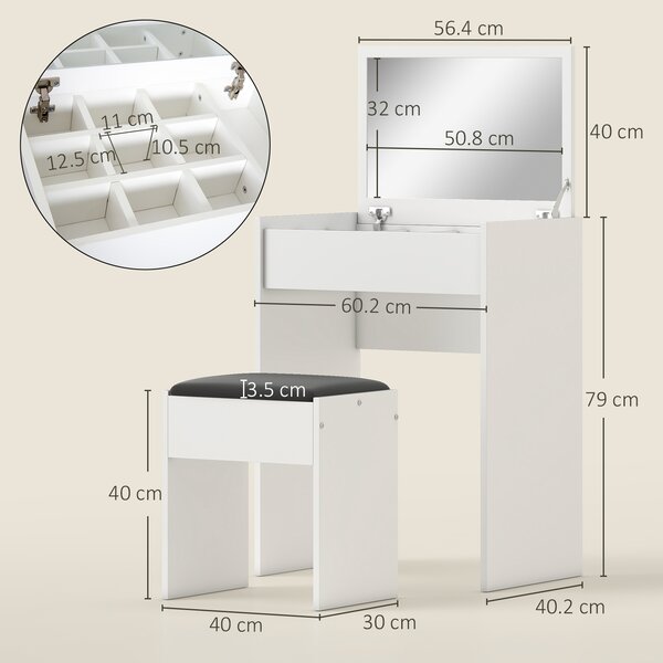 HOMCOM Dressing Table with Padded Stool, Flip-up Mirror Dresser, Multi-purpose Vanity Set, White Aosom UK