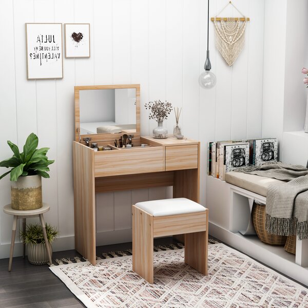 HOMCOM Dressing Table Set with Cushioned Stool, Flip-up Mirror, and Drawer in Wood Grain Finish Aosom UK