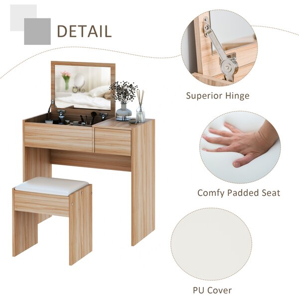 HOMCOM Dressing Table Set with Cushioned Stool, Flip-up Mirror, and Drawer in Wood Grain Finish Aosom UK