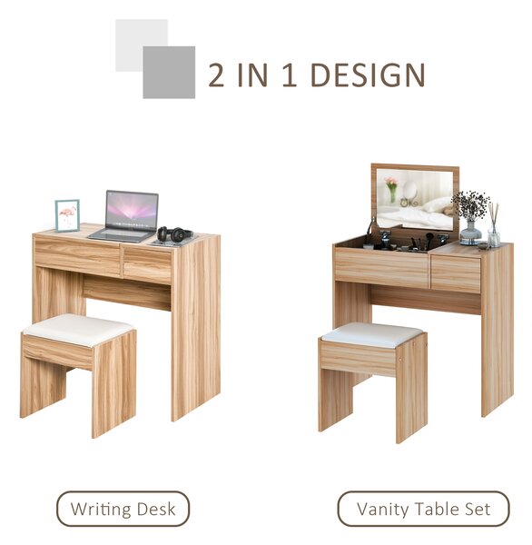 HOMCOM Dressing Table Set with Cushioned Stool, Flip-up Mirror, and Drawer in Wood Grain Finish Aosom UK