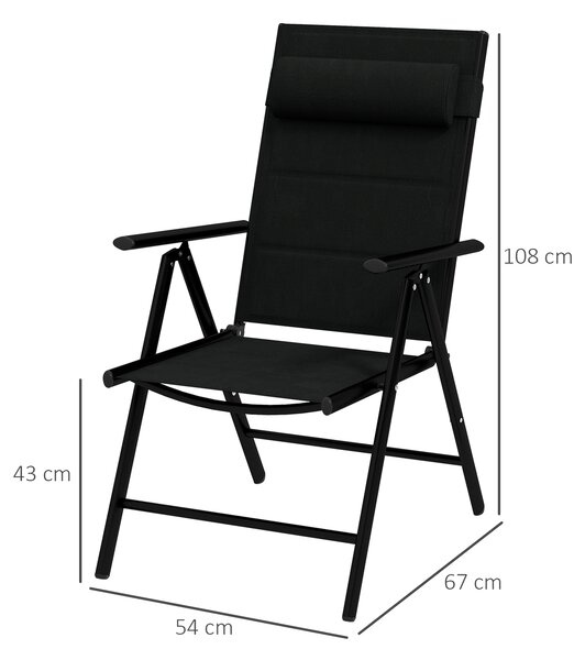 Outsunny Patio Folding Chairs Set of 2 with Adjustable Back, Garden Dining Chairs with Mesh Fabric Padded Seat & Headrest, Black Aosom UK