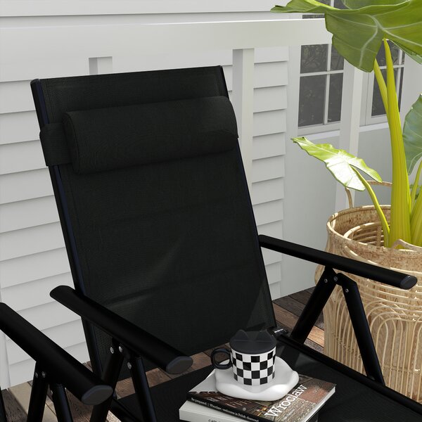 Outsunny Patio Folding Chairs Set of 2 with Adjustable Back, Garden Dining Chairs with Mesh Fabric Padded Seat & Headrest, Black Aosom UK