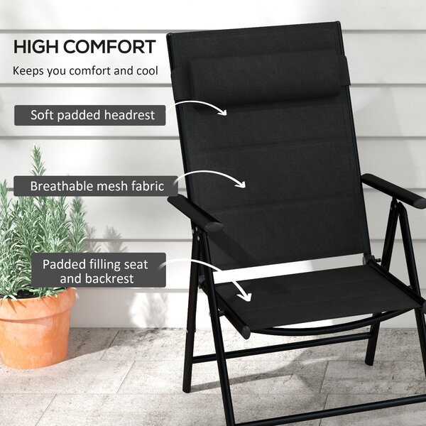 Outsunny Patio Folding Chairs Set of 2 with Adjustable Back, Garden Dining Chairs with Mesh Fabric Padded Seat & Headrest, Black Aosom UK