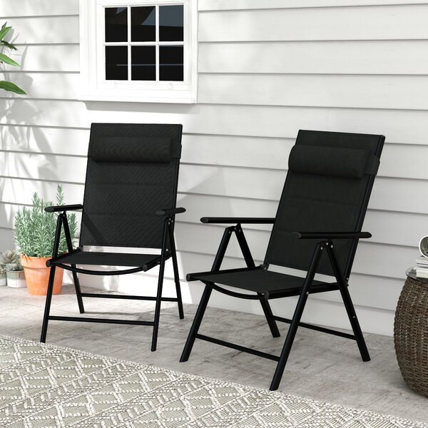 Outsunny Patio Folding Chairs Set of 2 with Adjustable Back, Garden Dining Chairs with Mesh Fabric Padded Seat & Headrest, Black Aosom UK