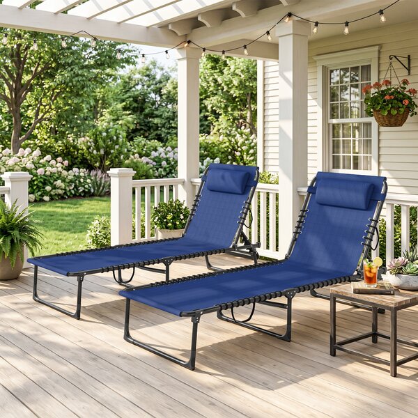 Outsunny 2 Pcs Folding Sun Lounger Beach Chaise Chair Garden Cot Camping Recliner with 4 Position Adjustable Blue Aosom UK