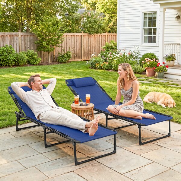 Outsunny 2 Pcs Folding Sun Lounger Beach Chaise Chair Garden Cot Camping Recliner with 4 Position Adjustable Blue Aosom UK